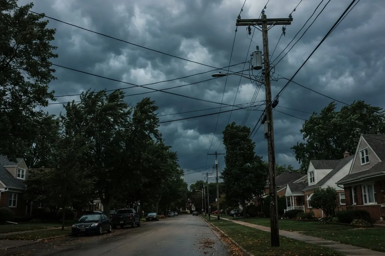 Power lines along a residential street under dark storm clouds