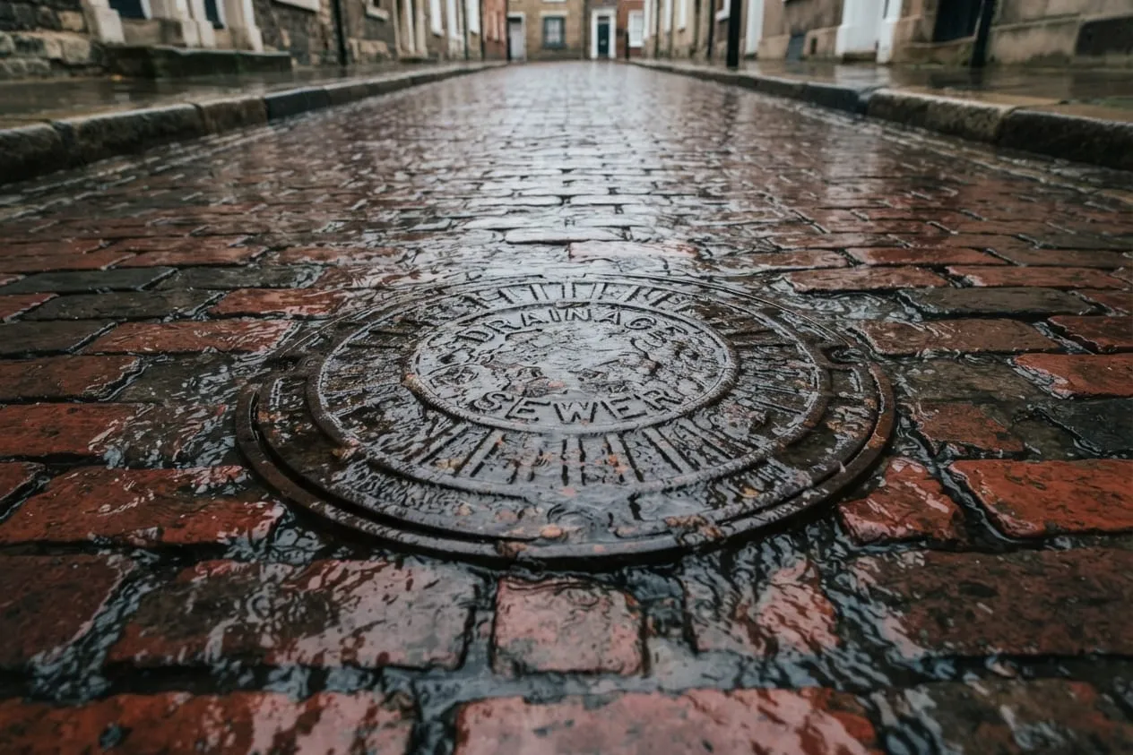 An old manhole cover in a brick street with rainwater washing over it