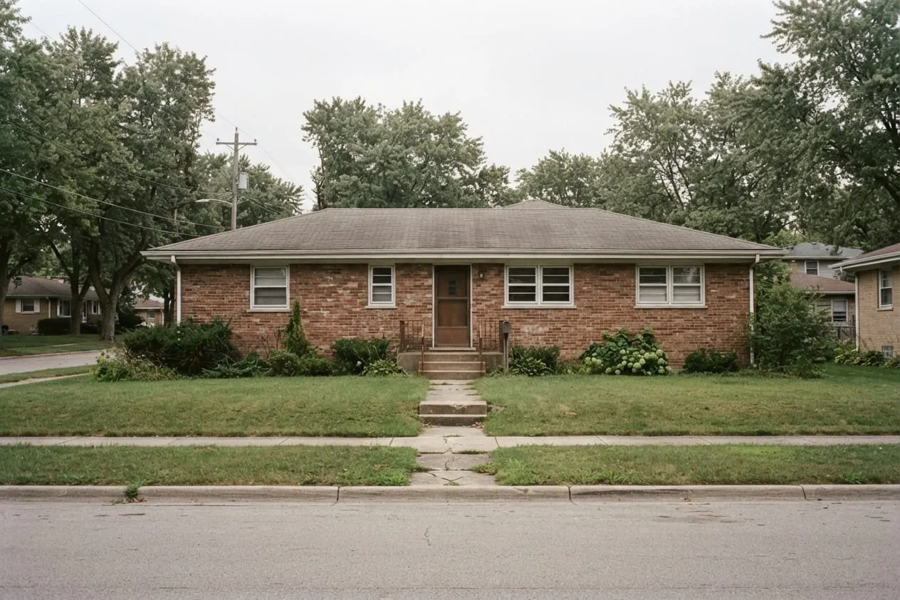 A 1950s brick ranch house on a quiet street