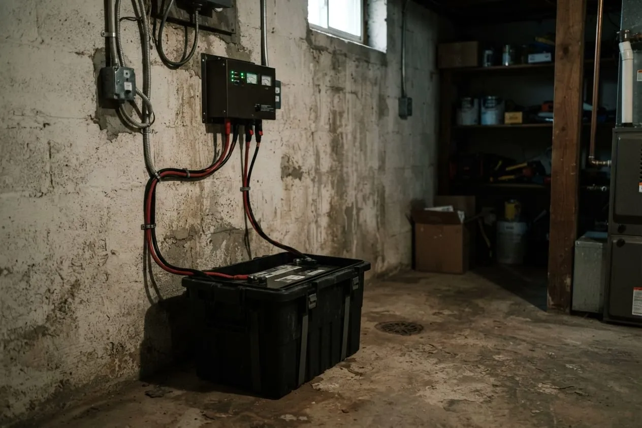 A deep-cycle battery in a vented box wired to a wall-mounted charger