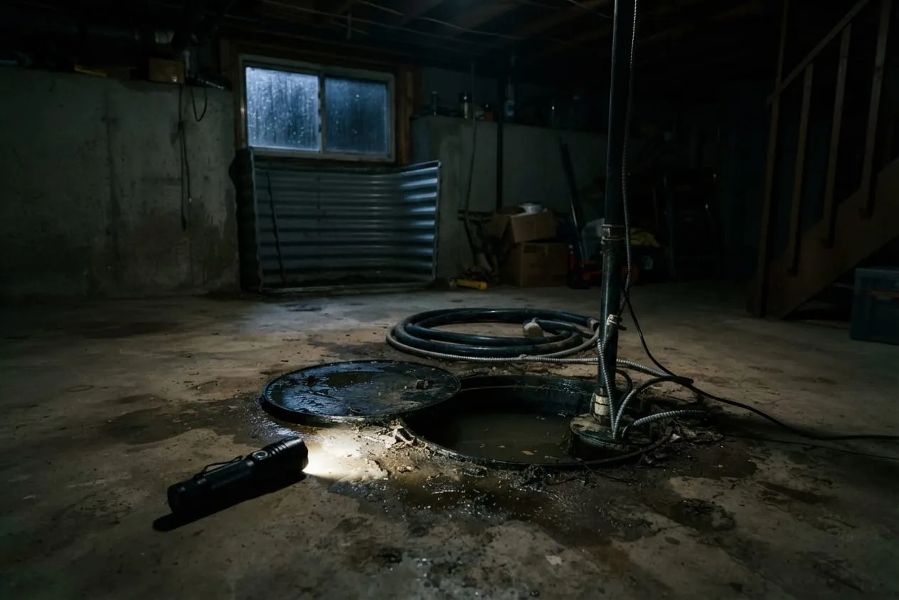 A flashlight on a dark basement floor lighting a sump pit during a power outage