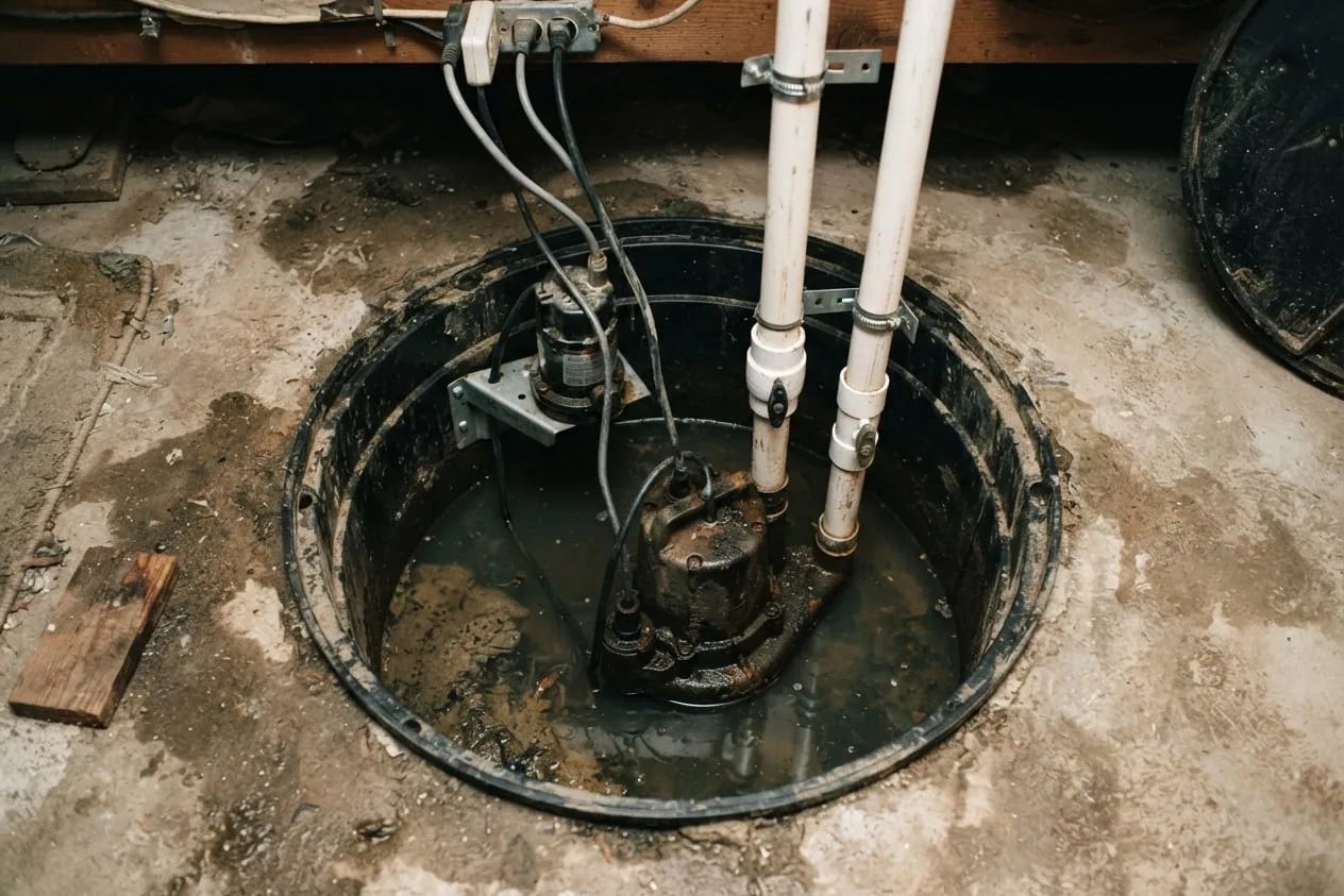 Two discharge pipes rising from one sump pit, one for the main pump and one for the backup