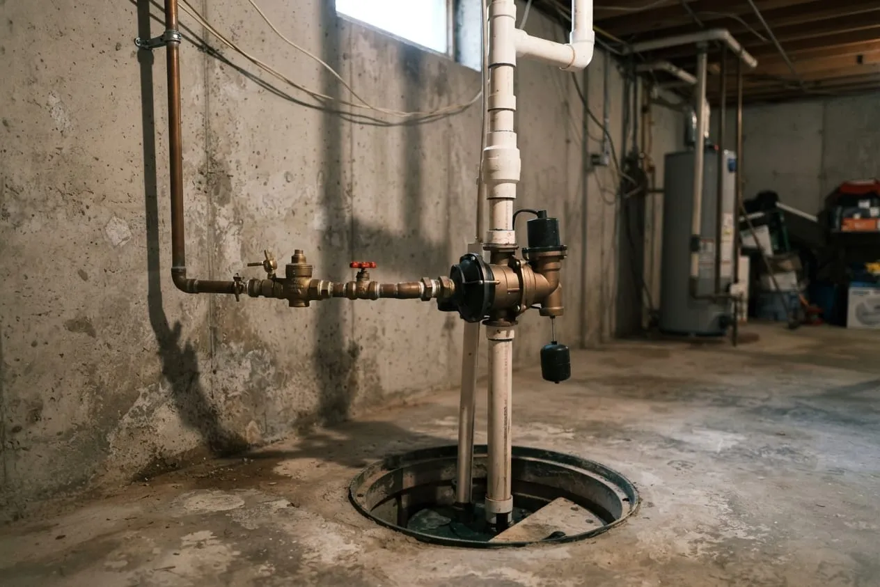 A water-powered backup sump pump tied into a copper water line above a pit