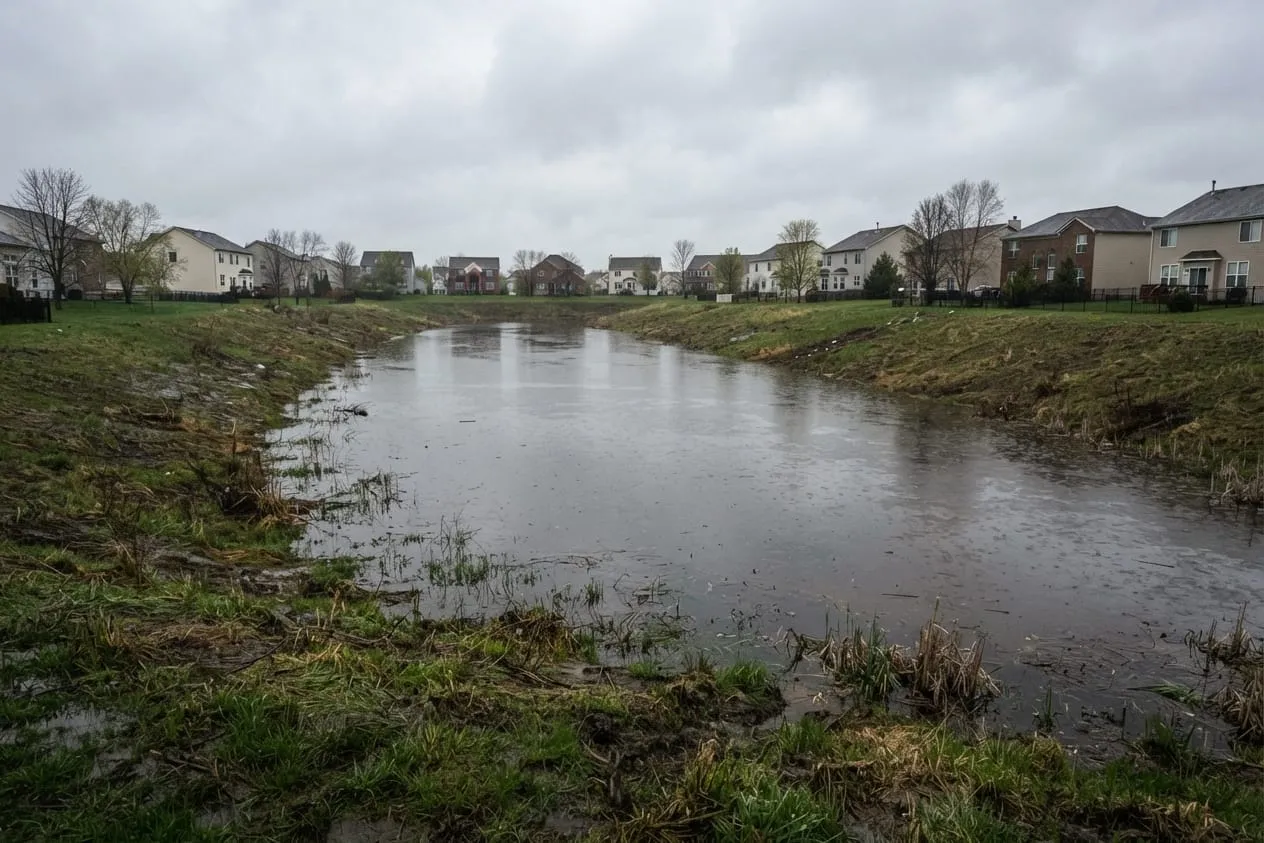 A detention basin in a subdivision filled with stormwater