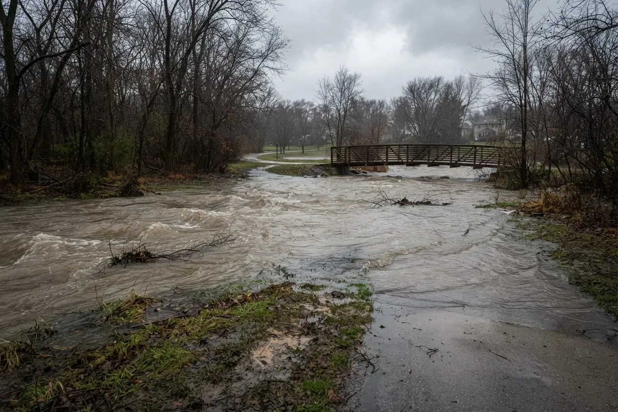 A creek over its banks covering a paved walking path