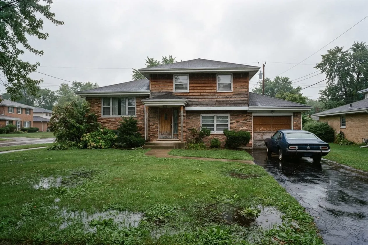 A 1970s two-story house with brick and wood siding and a wet lawn after rain