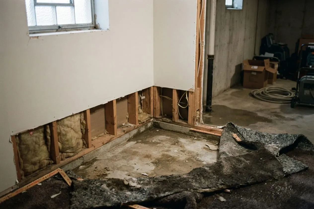 A finished basement with wet carpet pulled back and drywall cut away near the floor