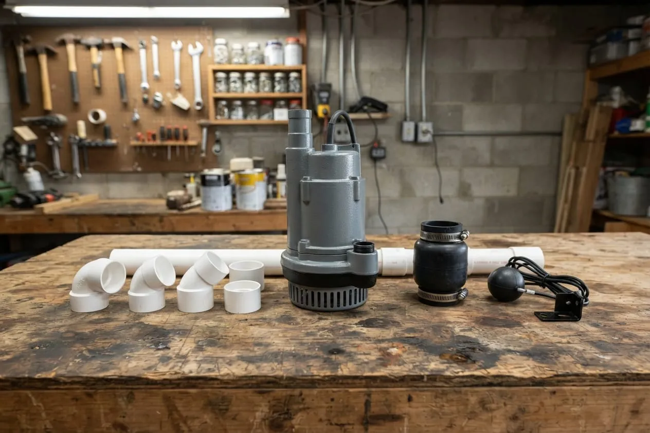 A sump pump, PVC elbows, a rubber coupling and a float switch on a workbench