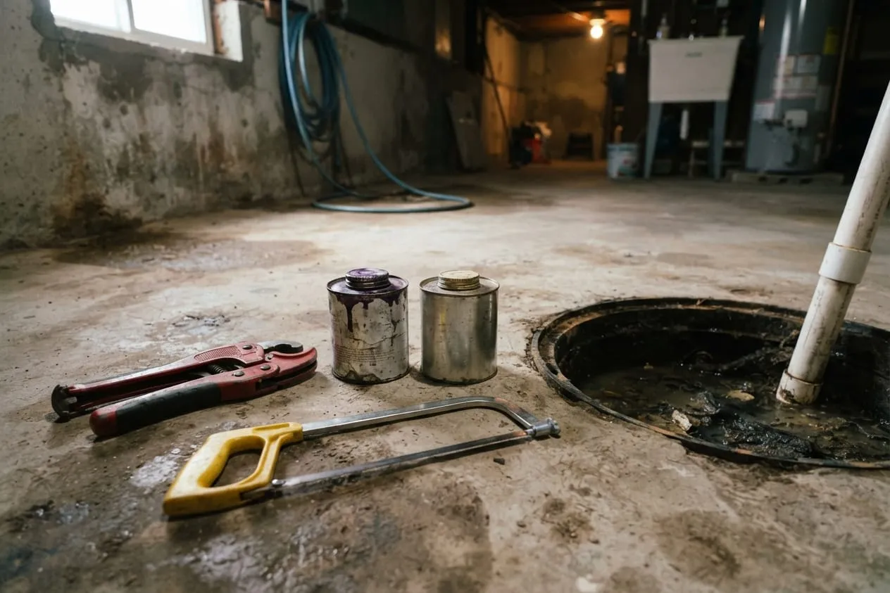 A PVC pipe cutter and unlabeled primer and cement cans beside a sump pit