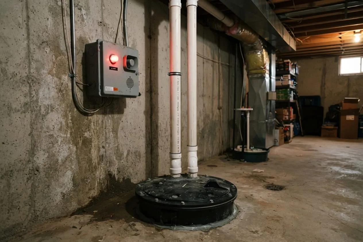 A high-water alarm box with its red light on above a sealed ejector basin