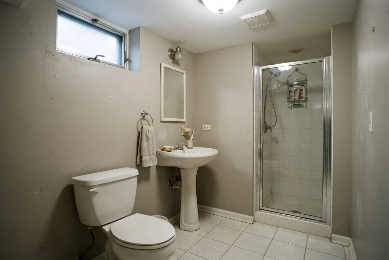 A small basement bathroom with a toilet, sink and shower
