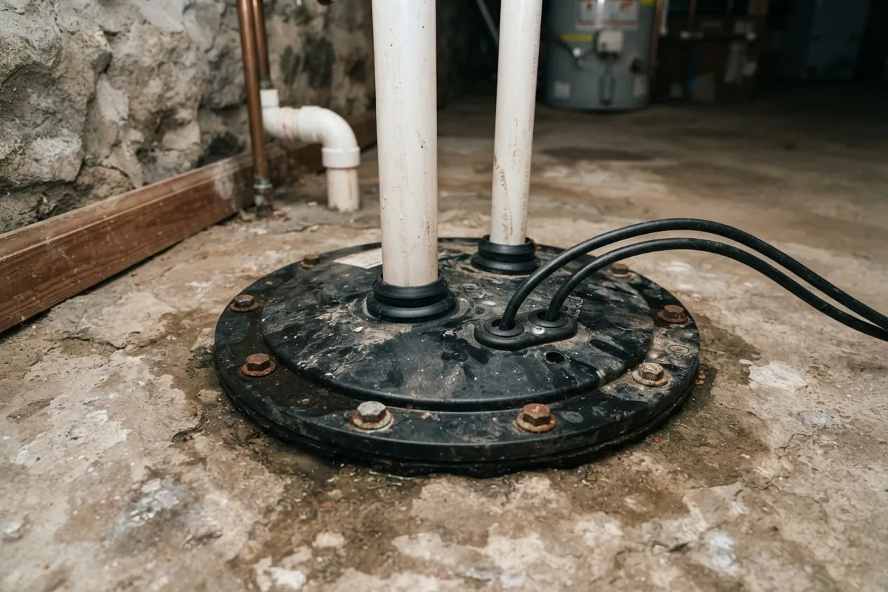 A sealed ejector lid with gaskets around the vent pipe, discharge pipe and cord