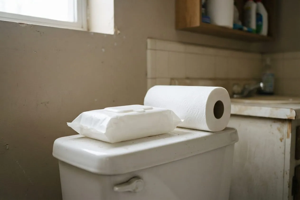 A pack of wet wipes and a roll of paper towels on the back of a toilet