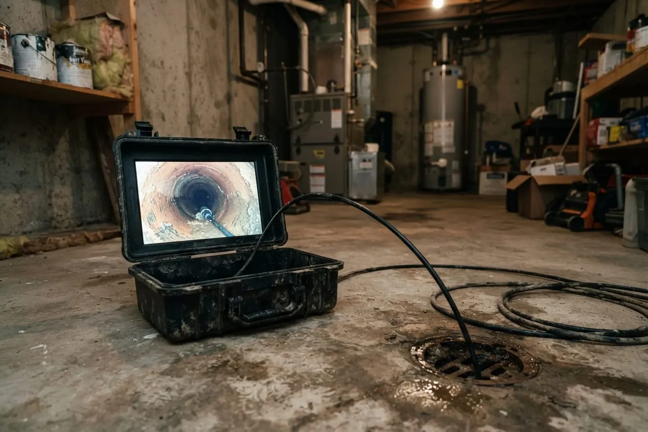 A sewer camera monitor showing the inside of a pipe, its cable running into a floor drain