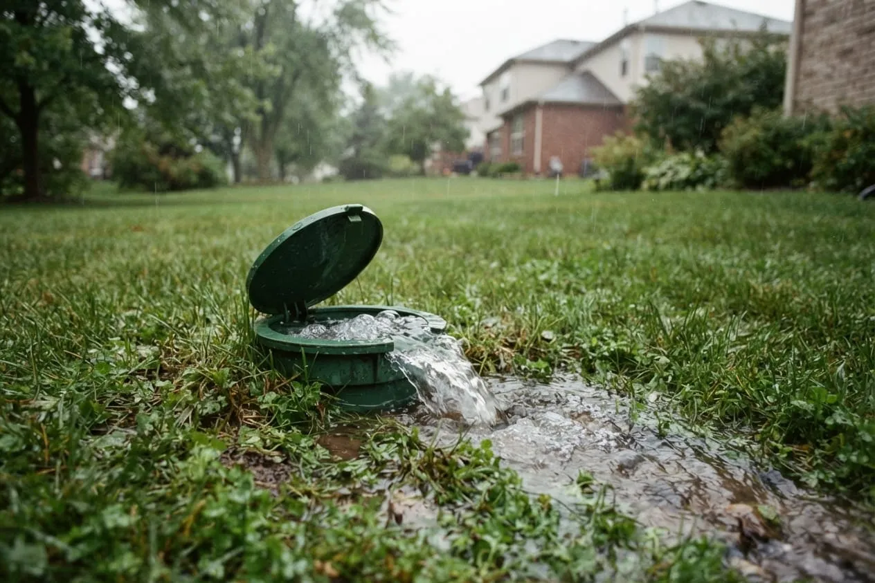 A pop-up drainage emitter open in a lawn, releasing water in the rain