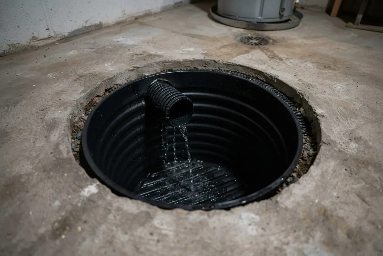 Drain tile entering the side of a new sump basin with water trickling in