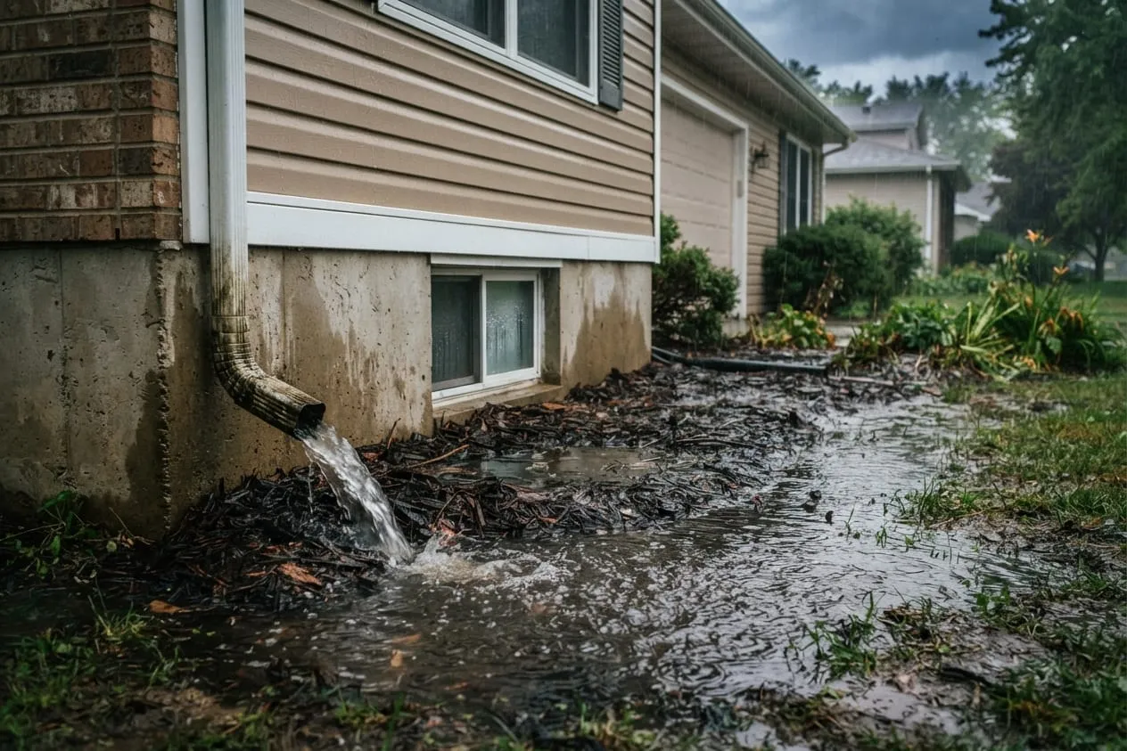 Rainwater pooling against a house foundation beside a downspout