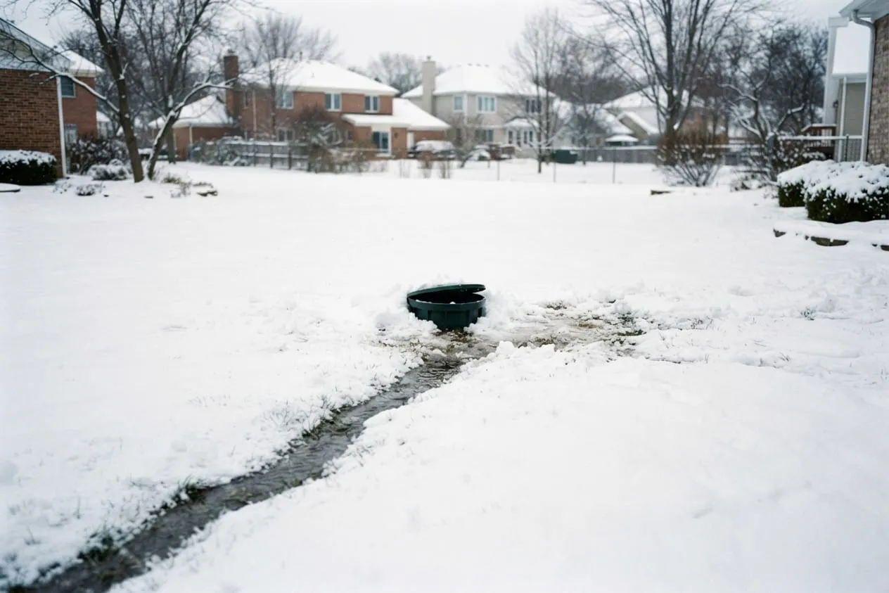 A buried discharge line ending at a small round outlet in a snowy lawn