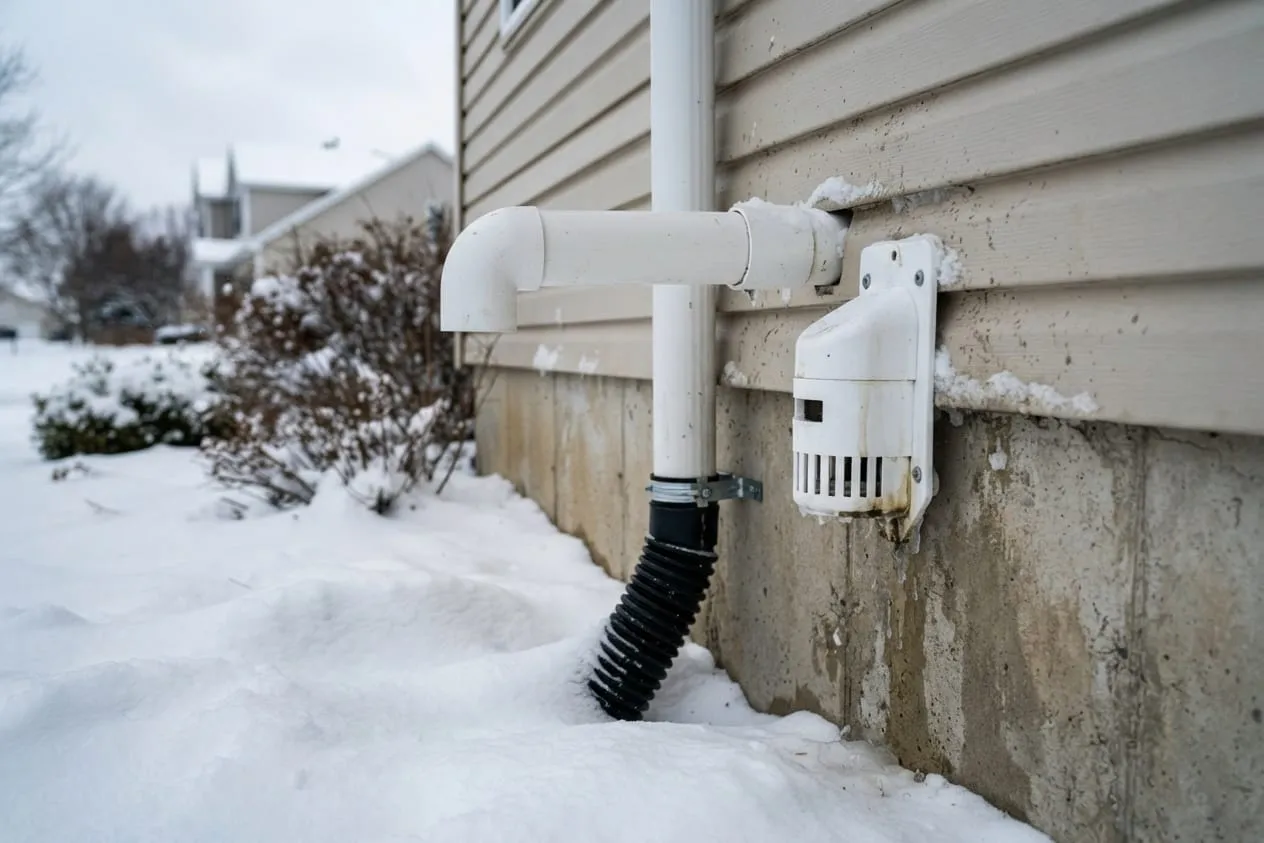 A grated freeze-relief fitting on a discharge pipe beside a house in snow
