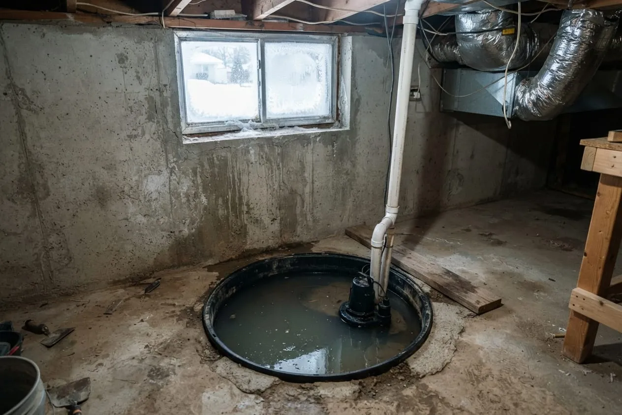 A sump pit with water near the top and frost on the basement window above it