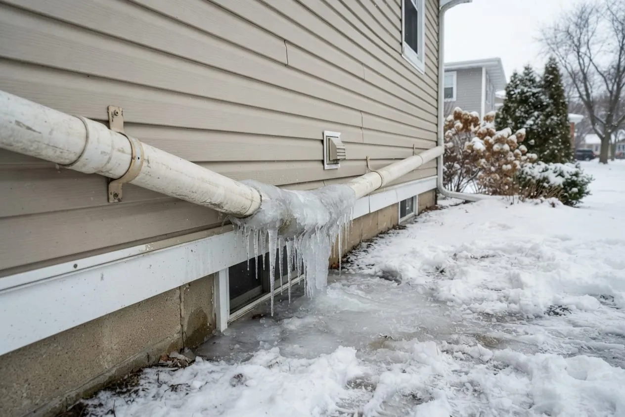 A discharge pipe sagging along a house wall with ice built up at the low point