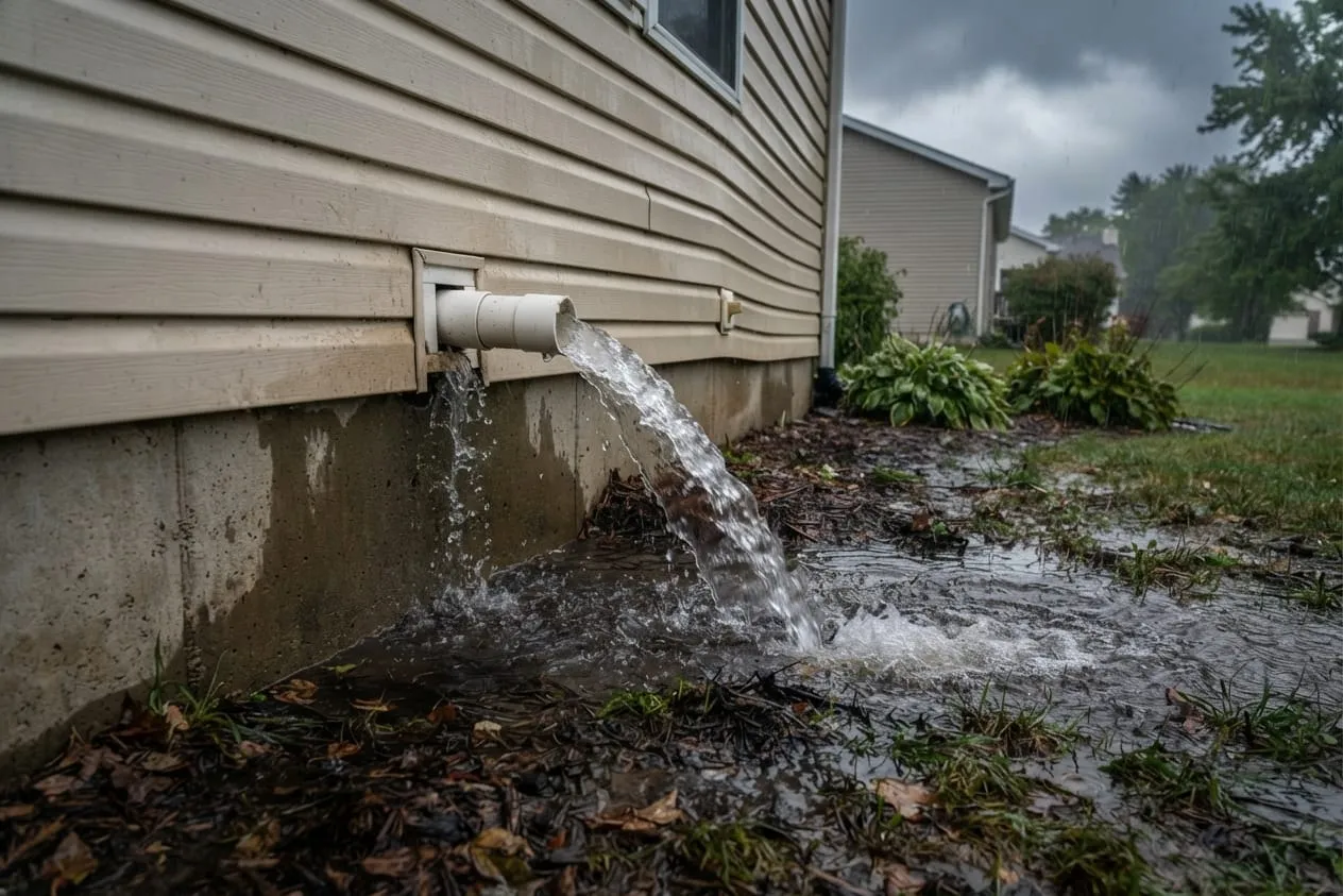 A discharge pipe dumping water right against the foundation