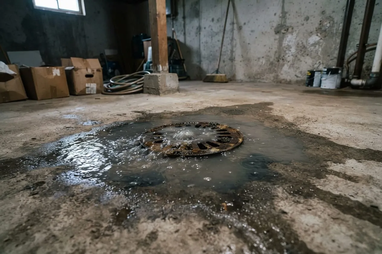 Gray water coming up through a round floor drain in a concrete basement floor