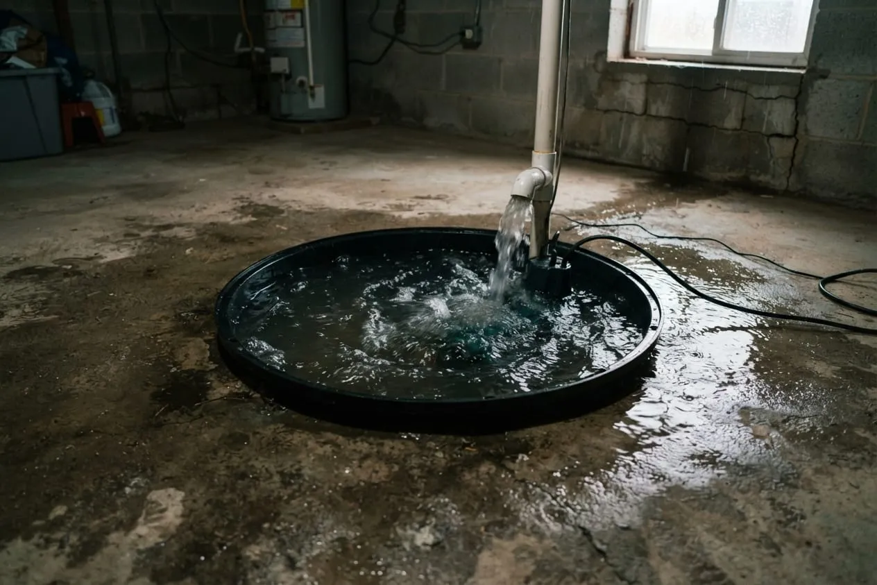 A sump pit overflowing onto the basement floor during a storm