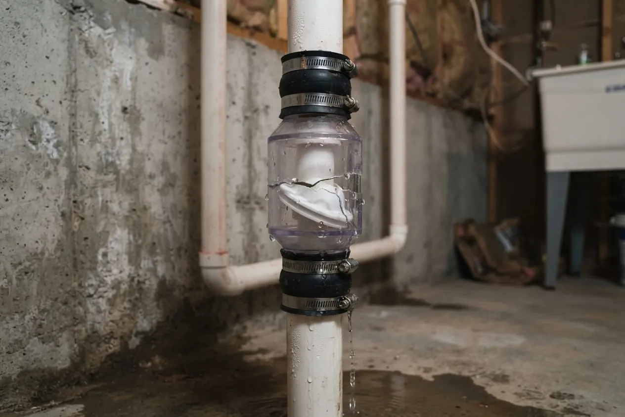 A cracked check valve dripping water on a sump discharge pipe