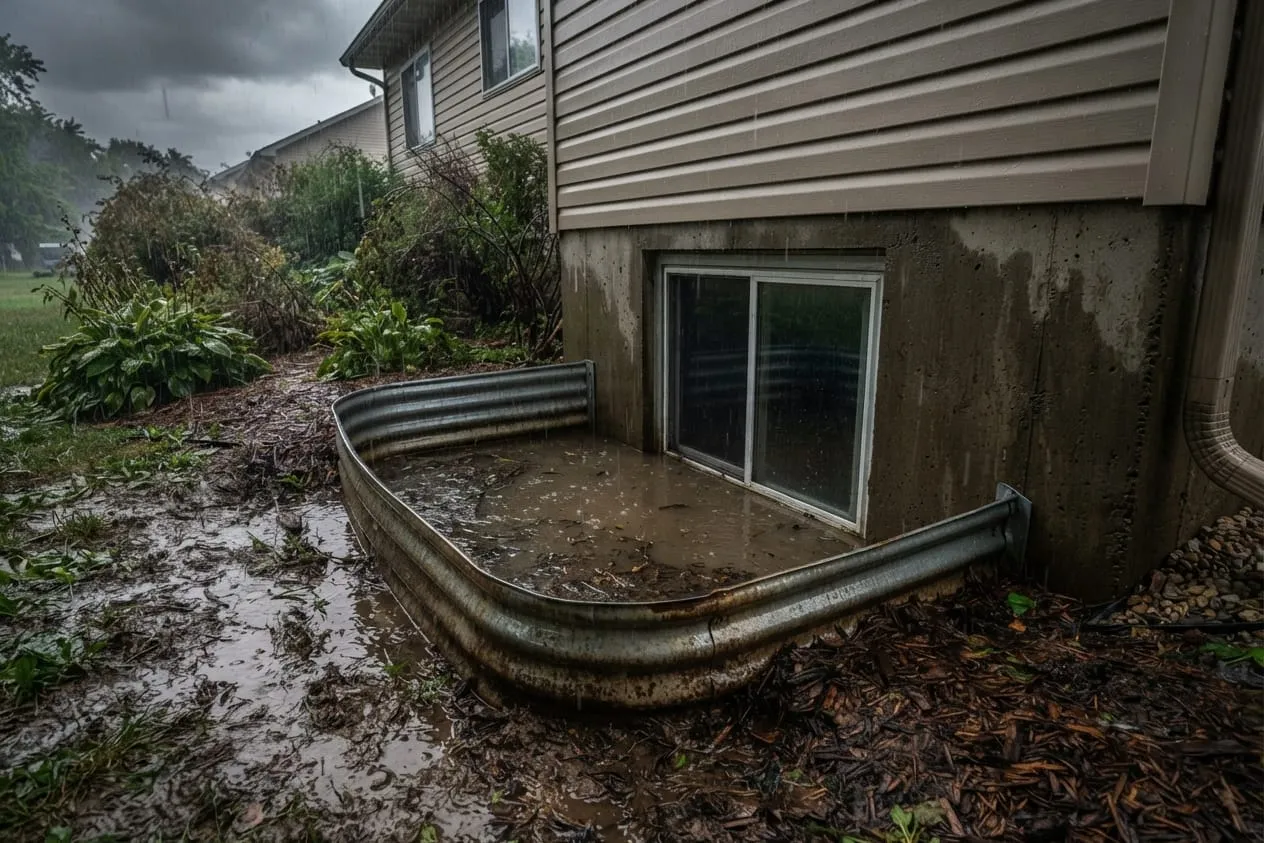A basement window well holding muddy rainwater against the window