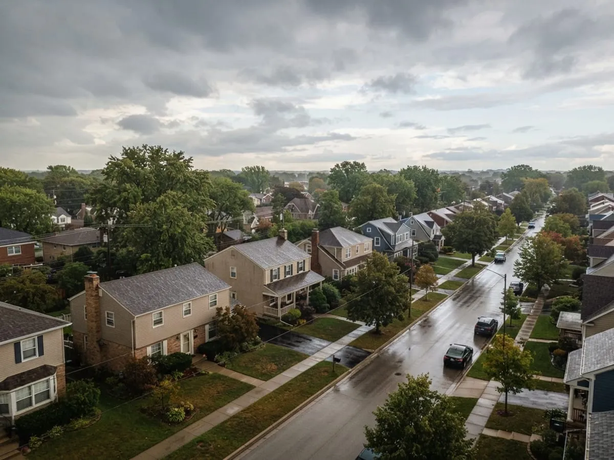 Tree-lined suburban streets and rooftops after rain