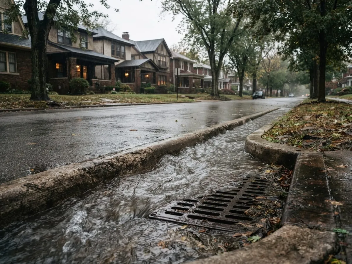 Rainwater running into a curb drain on an older residential street