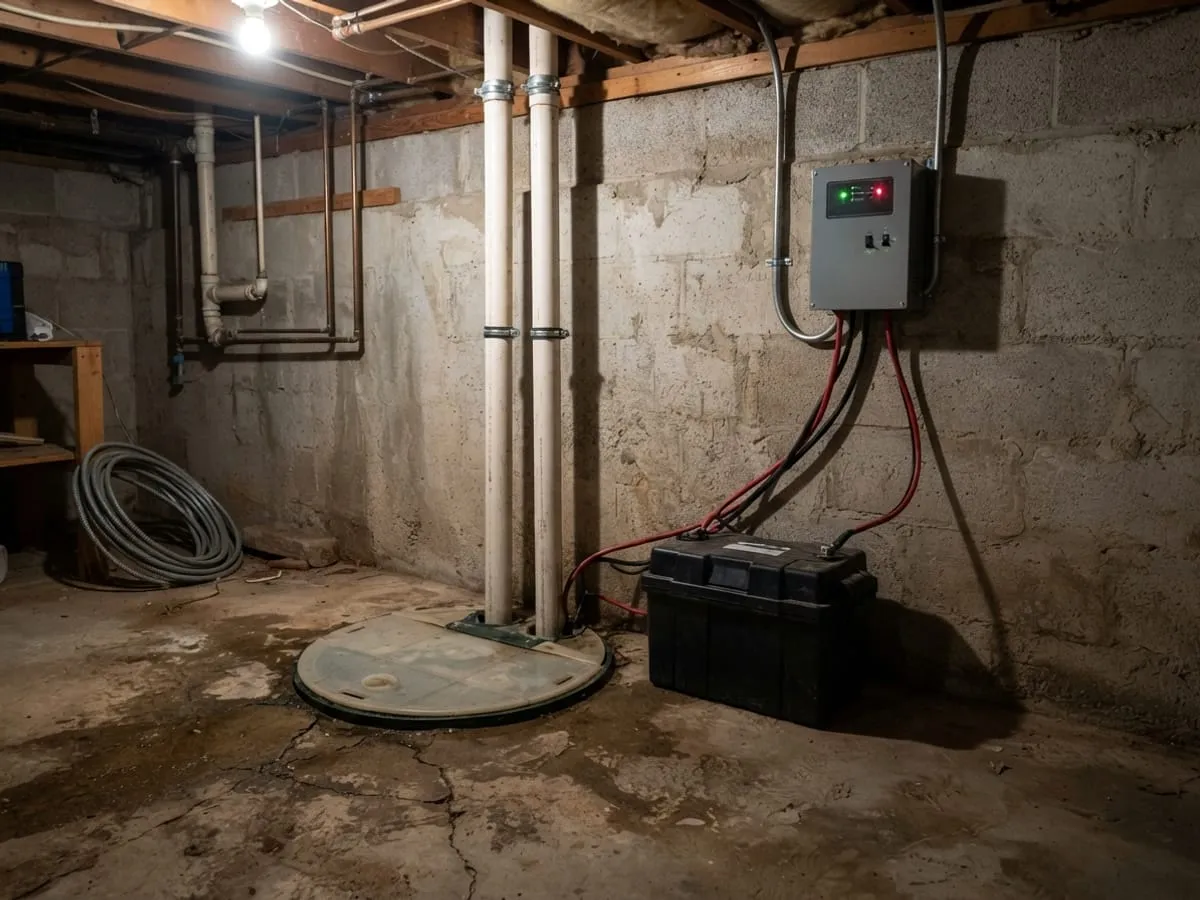 A battery backup sump pump system with its battery box beside the pit