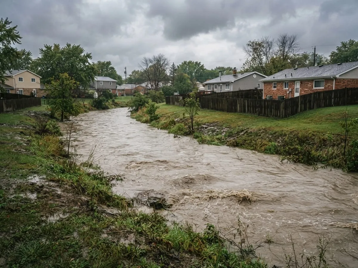 A creek running high behind the backyards of ranch houses after a storm