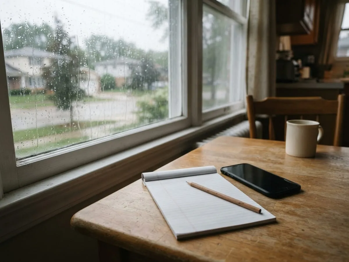 A phone and a notepad on a table by a rainy window