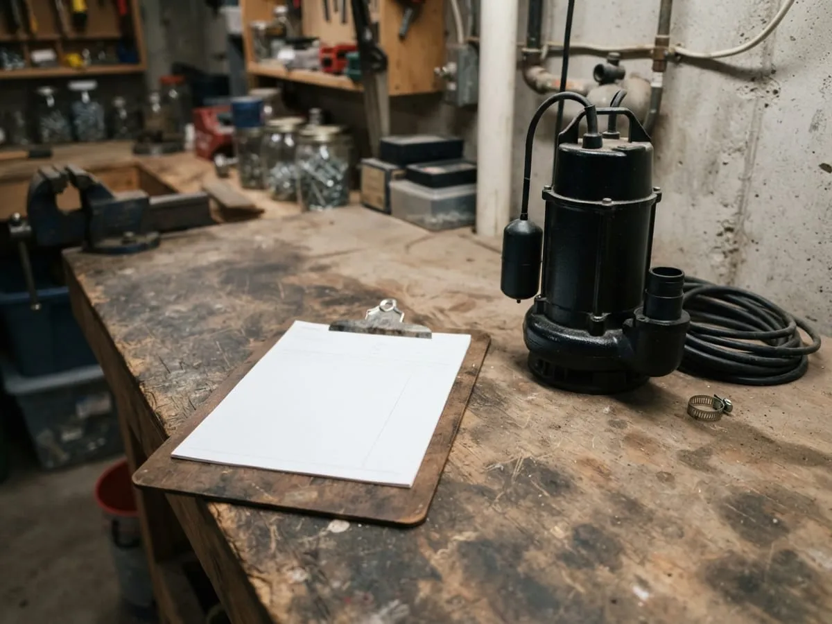 A clipboard with a blank form beside a sump pump on a workbench