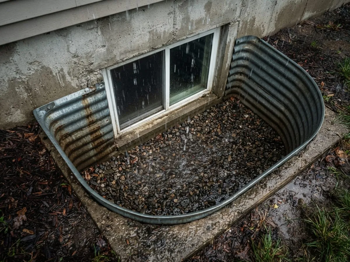 Rain falling into a basement window well