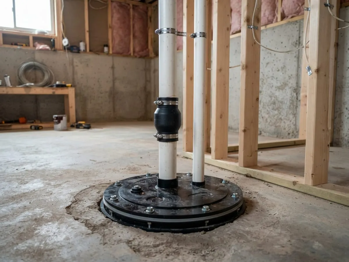 A sealed ejector basin lid with vent and discharge pipes rising from a basement floor