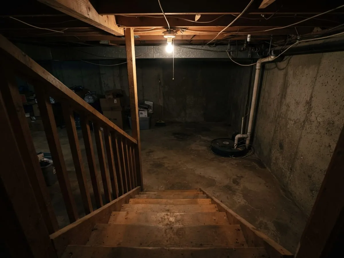 Basement stairs leading down to a sump pit in the corner