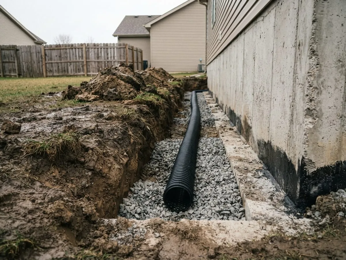 Perforated drain tile in gravel along a house foundation footing