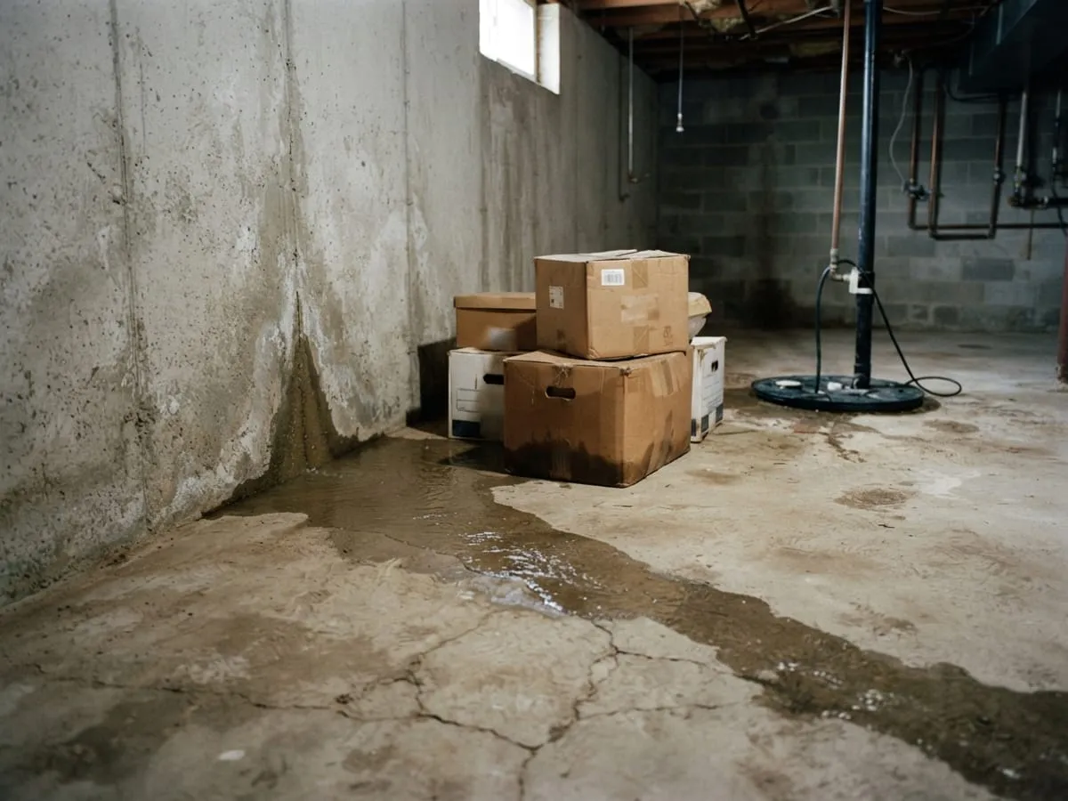Water spreading across a basement floor from the corner where the wall meets the floor