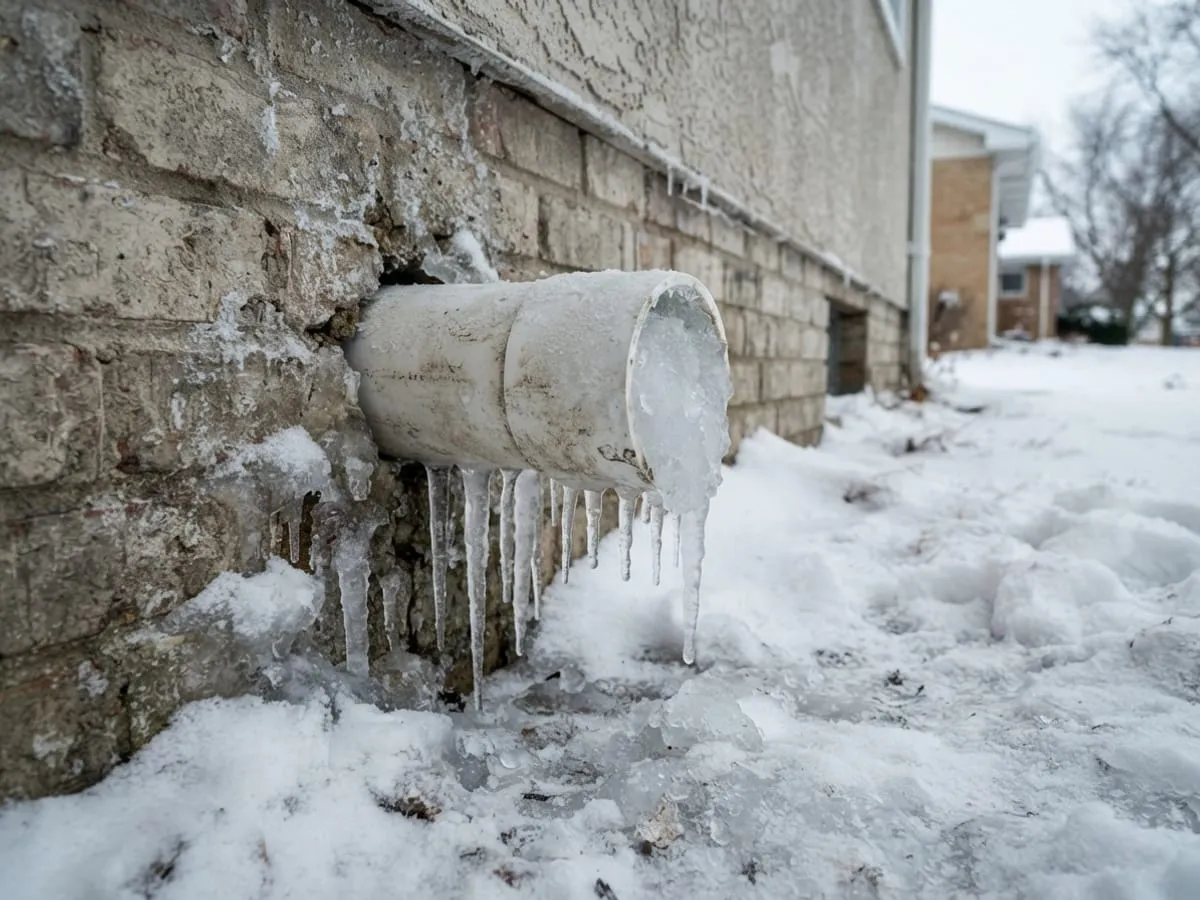 A sump discharge pipe sticking out of a foundation with its end frozen in ice and snow