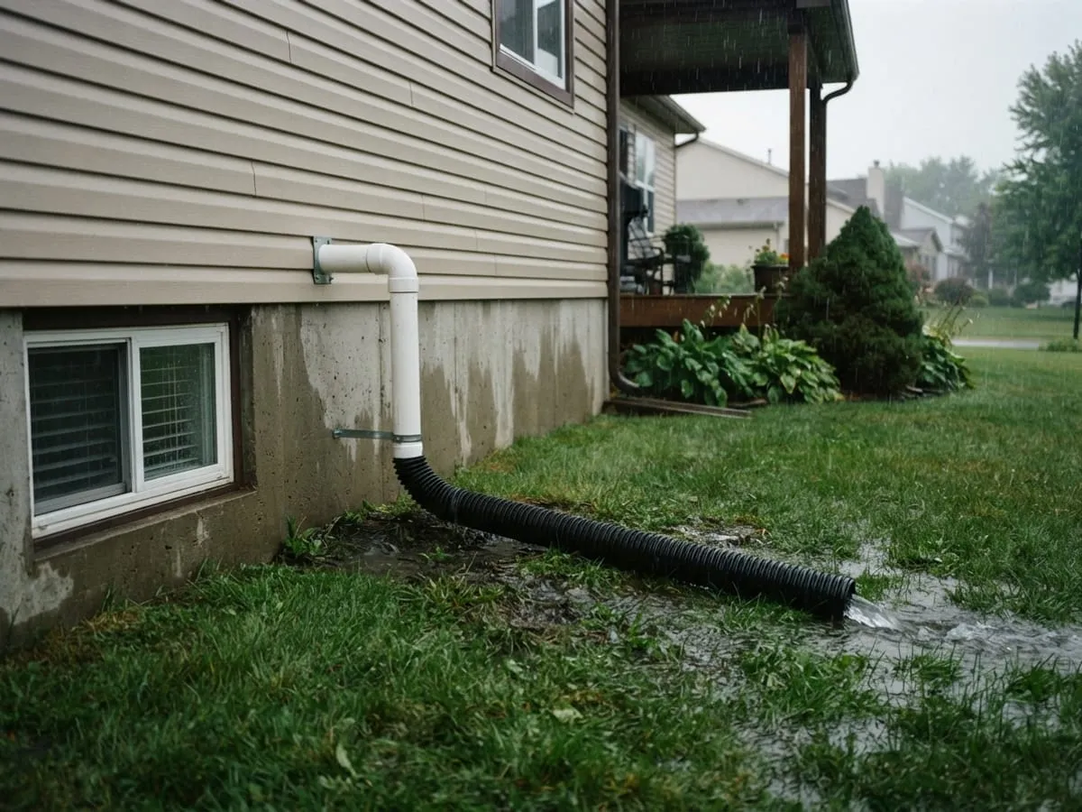 A sump discharge pipe leaving a house wall into a downspout extension in the rain