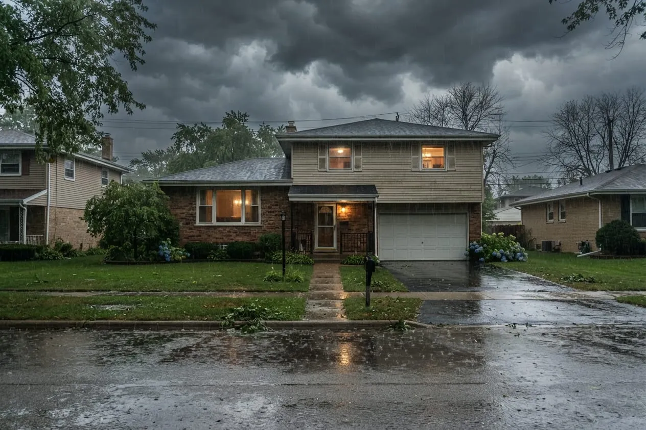 A two-story suburban house under a dark storm sky in heavy rain