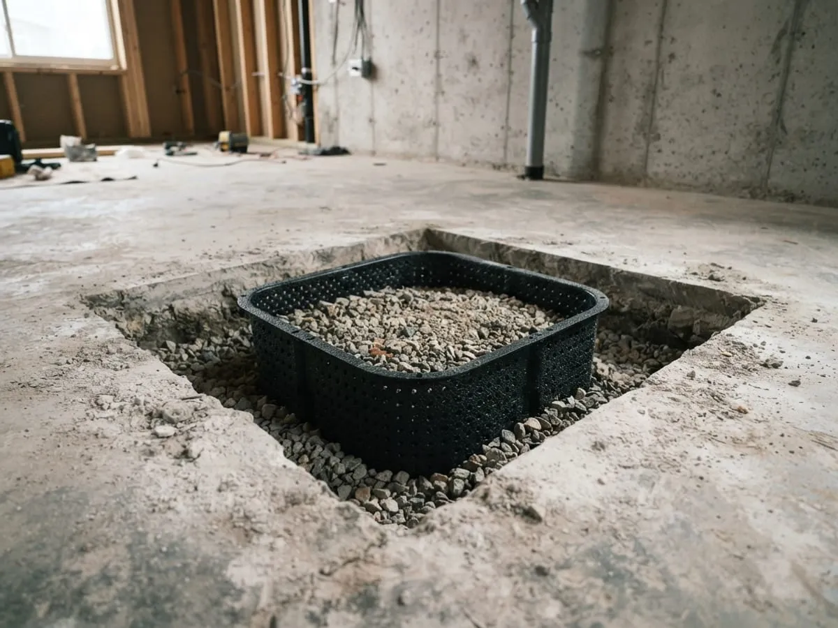 A new sump basin set into a fresh opening in a concrete basement floor