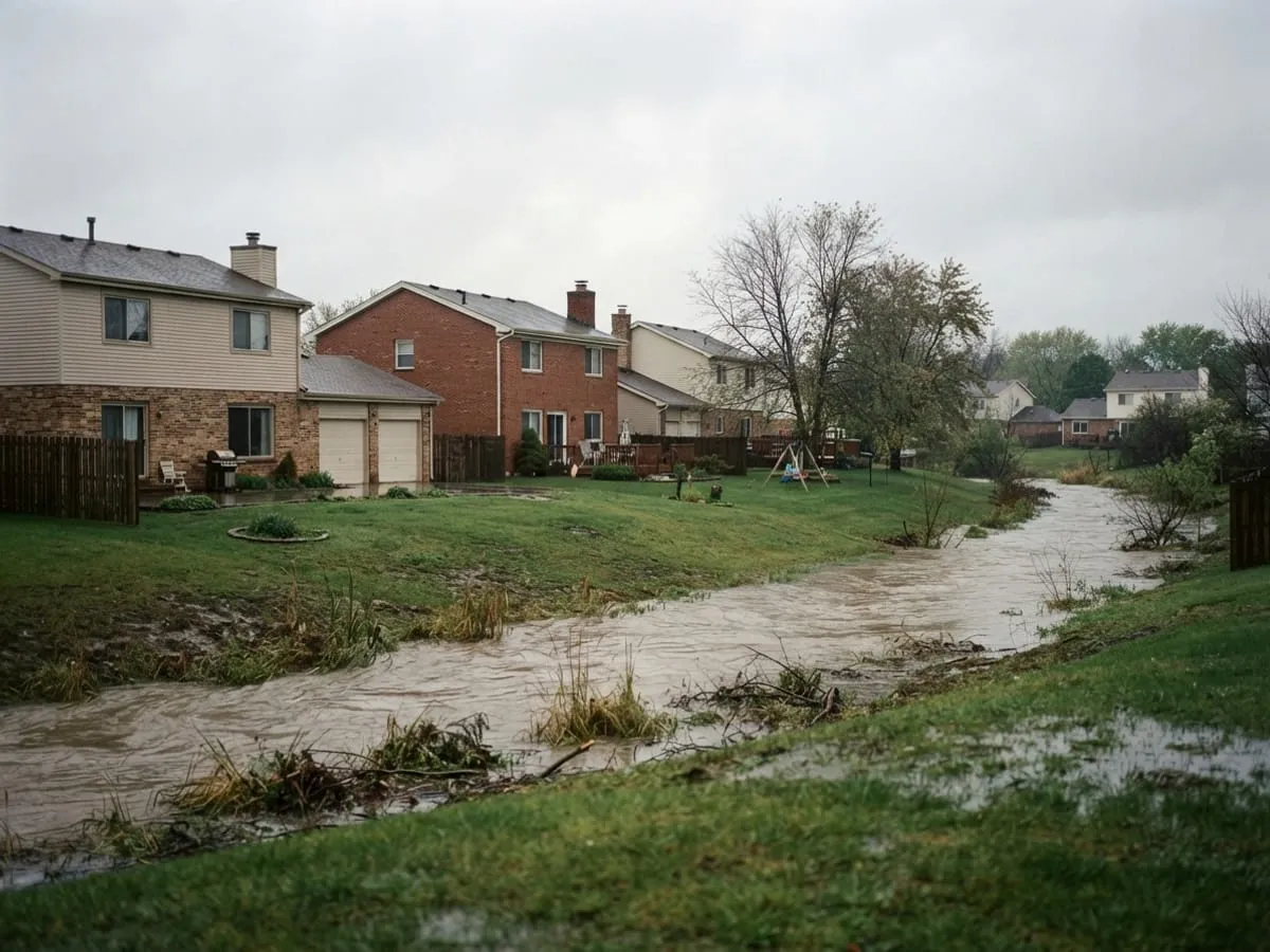 Brick two-story homes backing onto a creek after rain