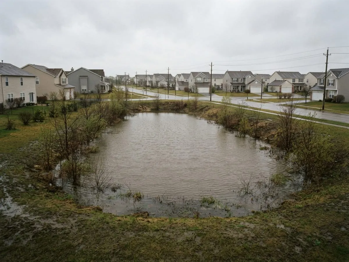 Newer two-story homes around a retention pond after rain