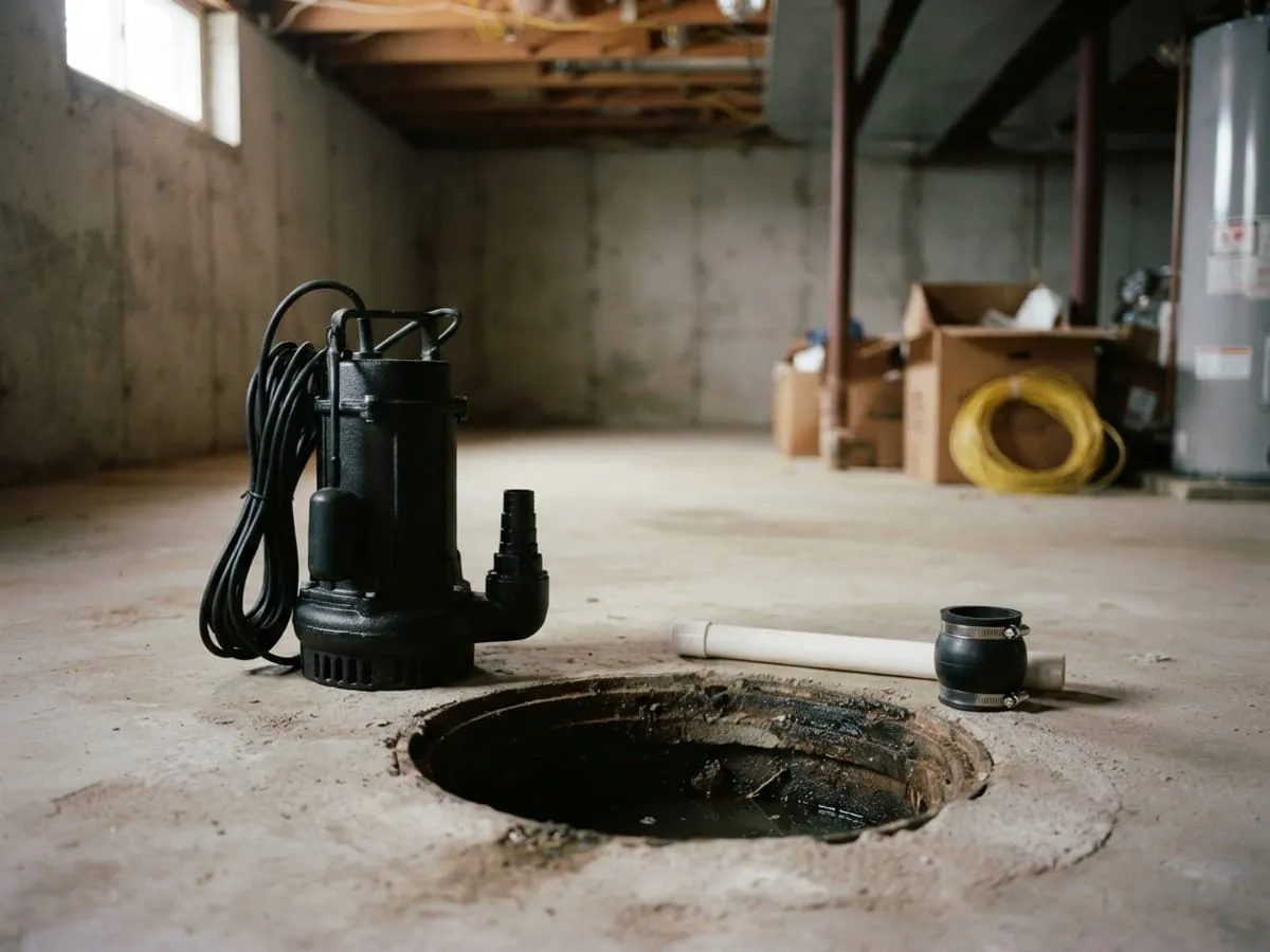 A new cast-iron submersible sump pump on a basement floor beside an open pit