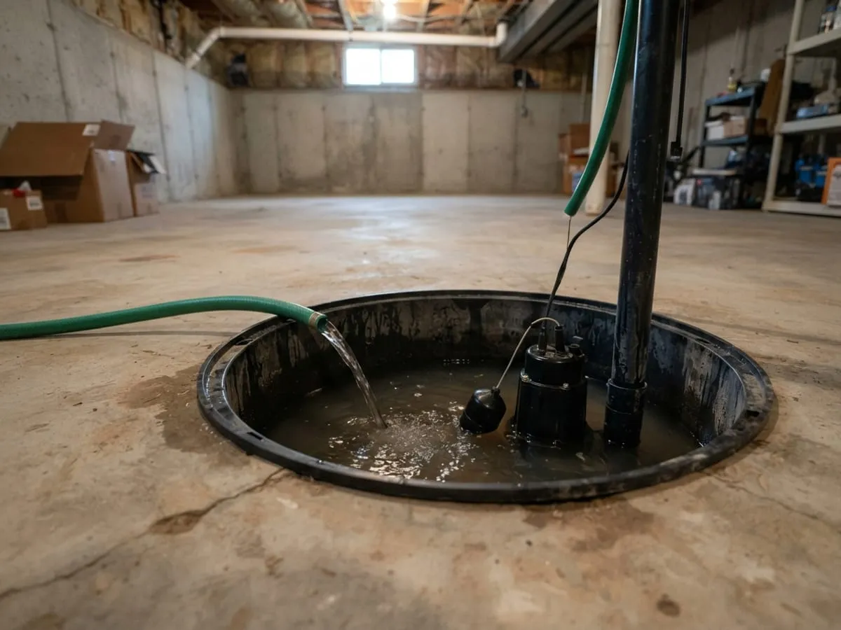 A garden hose running water into a sump pit to test the pump