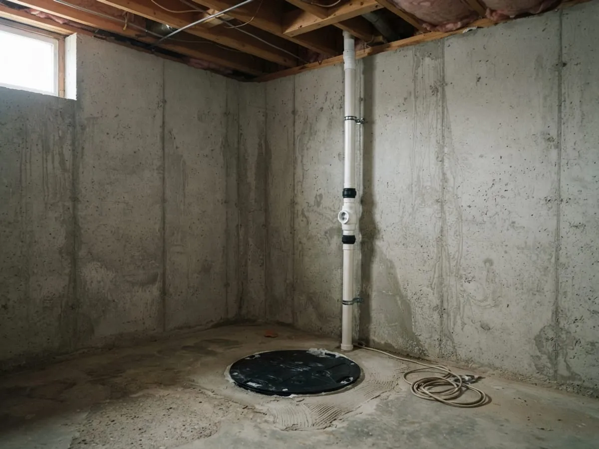 A basement corner with a sump pit and a white discharge pipe running up the wall